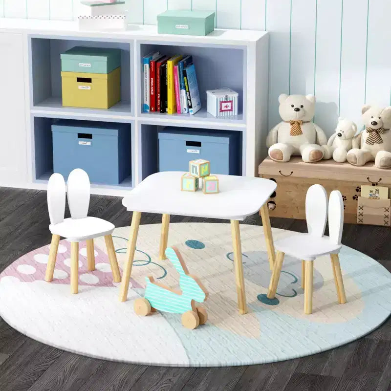Ensemble table et 2 chaises pour enfants, ensemble table et chaises pour tout-petits 3 pièces sur le thème du lapin, ensemble table de jeu en bois pour enfants, pieds en bois massif (blanc)