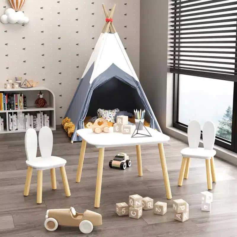 Ensemble table et 2 chaises pour enfants, ensemble table et chaises pour tout-petits 3 pièces sur le thème du lapin, ensemble table de jeu en bois pour enfants, pieds en bois massif (blanc)