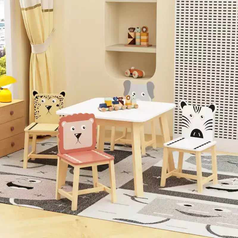 Ensemble table et 4 chaises en bois pour enfants, motif animaux de dessins animés (table plus grande) (3-8 ans)