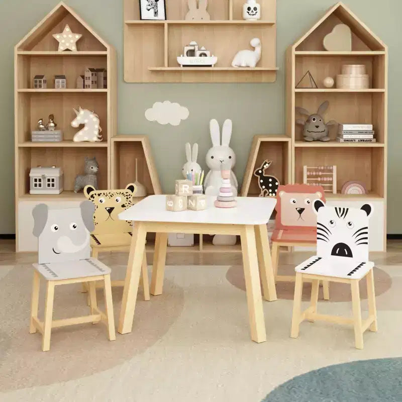 Ensemble table et 4 chaises en bois pour enfants, motif animaux de dessins animés (table plus grande) (3-8 ans)