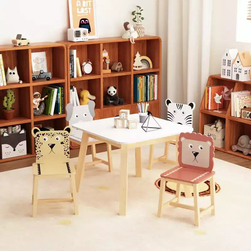 Ensemble table et 4 chaises en bois pour enfants, motif animaux de dessins animés (table plus grande) (3-8 ans)
