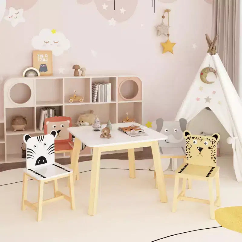 Ensemble table et 4 chaises en bois pour enfants, motif animaux de dessins animés (table plus grande) (3-8 ans)