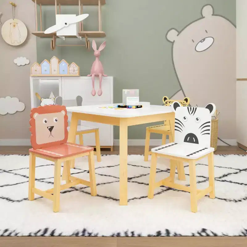 Ensemble table et 4 chaises en bois pour enfants, motif animaux de dessins animés (table plus grande) (3-8 ans)