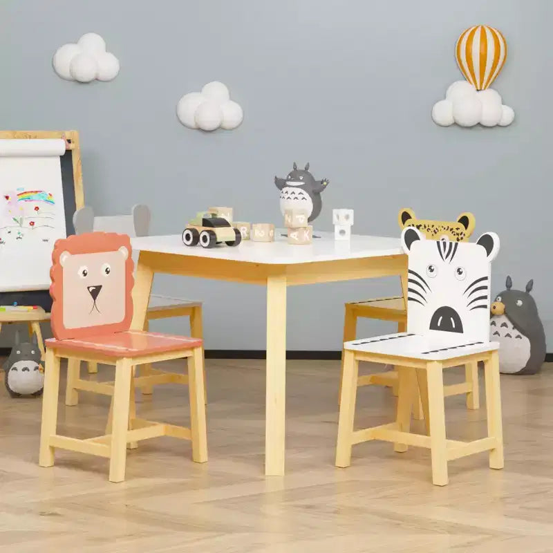 Ensemble table et 4 chaises en bois pour enfants, motif animaux de dessins animés (table plus grande) (3-8 ans)