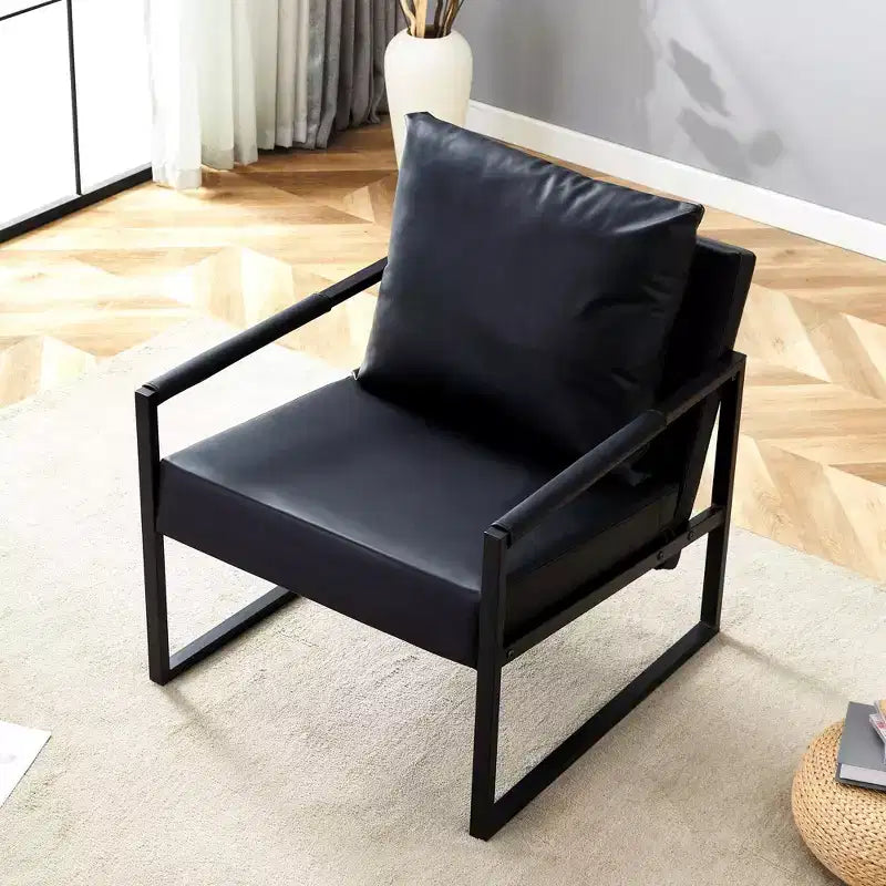 Canapé classique en cuir PU noir et métal - Design ergonomique, mélange parfait des styles moderne et industriel