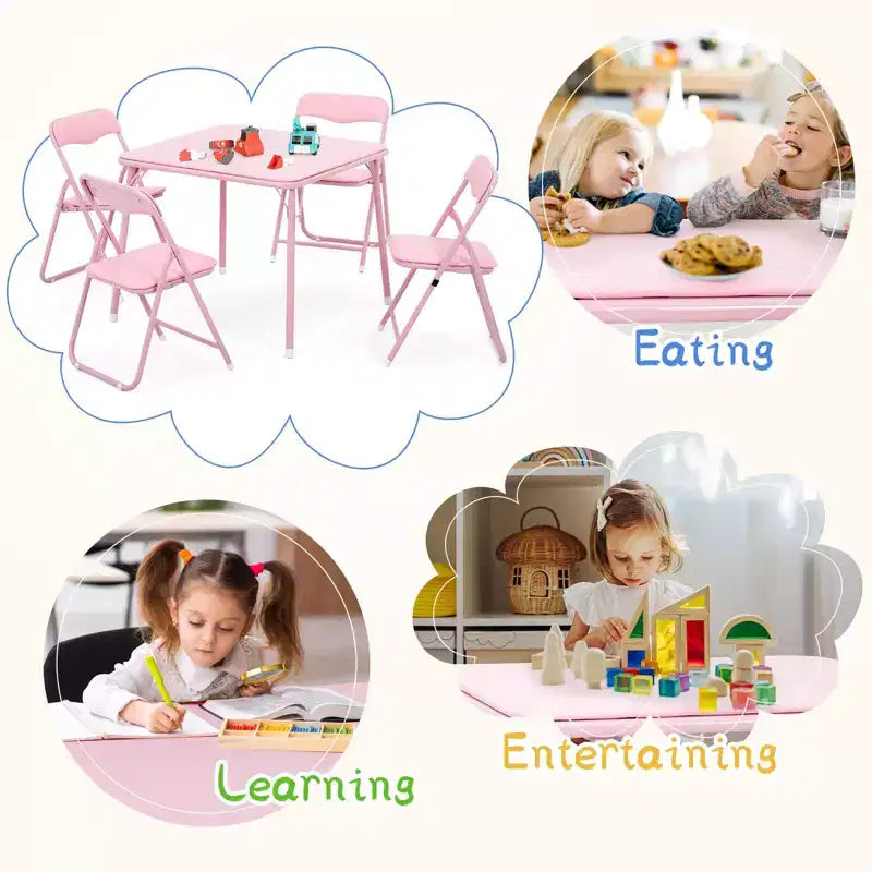 Ensemble de 5 chaises et table pour enfants, rembourré et confortable, table d'activités carrée pliable pour manger et lire, cadre en métal robuste, sièges rembourrés