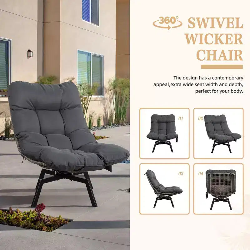 Fauteuil pivotant d'extérieur en rotin Celebalcony, avec coussin épaissi et pochette latérale, chaises longues de patio pivotantes à 360° pour salon, balcon