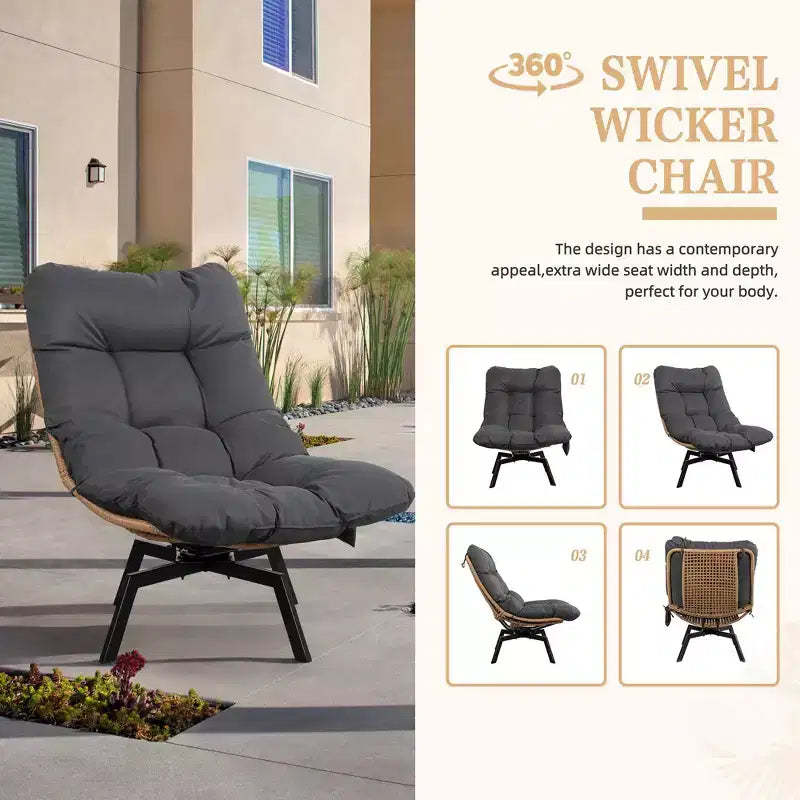 Fauteuil pivotant d'extérieur en rotin Celebalcony, avec coussin épaissi et pochette latérale, chaises longues de patio pivotantes à 360° pour salon, balcon