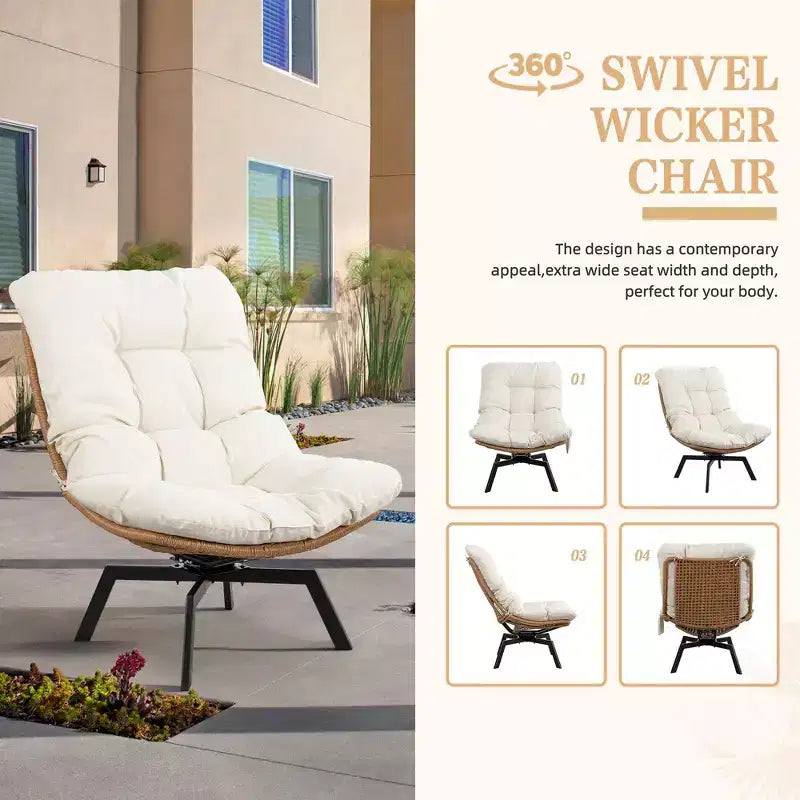 Fauteuil pivotant d'extérieur en rotin Celebalcony, avec coussin épaissi et pochette latérale, chaises longues de patio pivotantes à 360° pour salon, balcon
