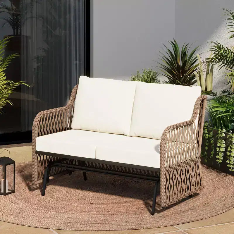 LAUSAINT HOME 2 Person Outdoor Ratten Patio Swing Glider Rattan Rocking Chair with Cushion