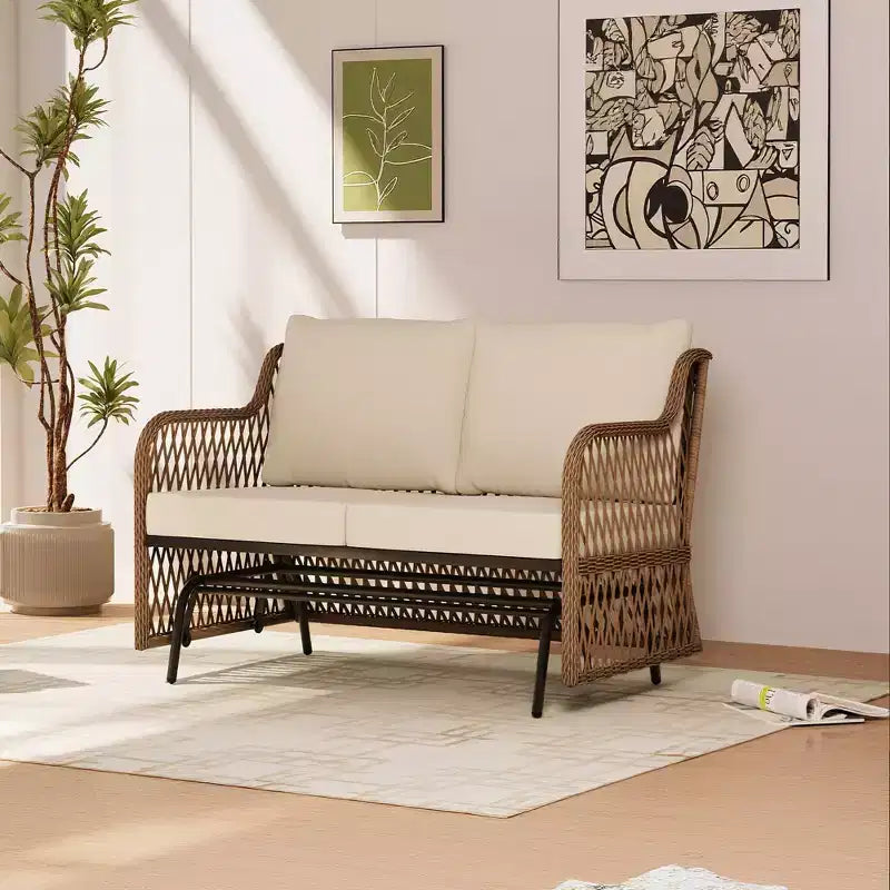 LAUSAINT HOME Fauteuil à bascule extérieur 2 places en rotin pour patio avec coussin