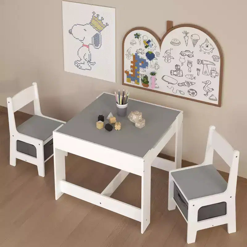 Table et chaise pour enfants Etokfoks blanc gris MDF 3 en 1 table d'activités avec tiroirs de rangement pour le dessin la lecture les loisirs salle de jeux