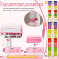 Etokfoks adjustable kids desk and chair set ergonomic tilt tabletop storage drawer pen slots hook for ages 6 to 12 pink