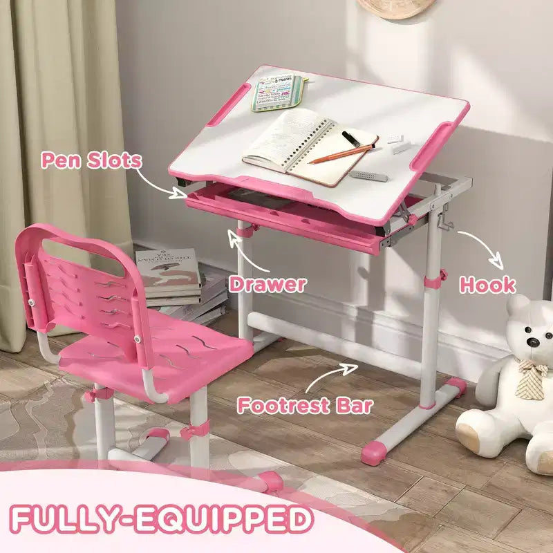 Ensemble bureau et chaise enfant réglables Etokfoks, ergonomique, plan de travail inclinable, tiroir de rangement, fentes pour stylos, crochet, pour les 6-12 ans, rose