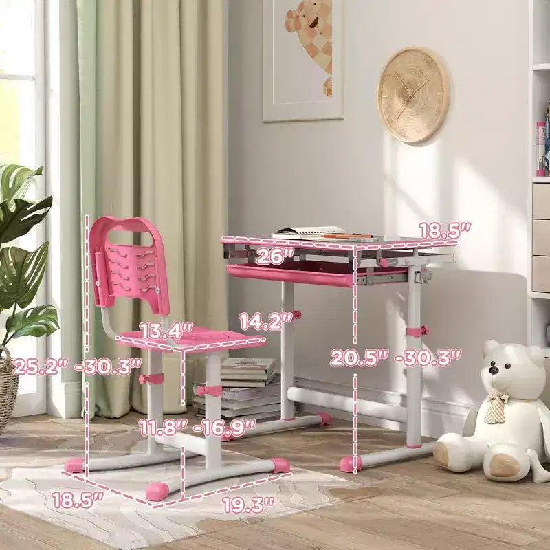 Ensemble bureau et chaise enfant réglables Etokfoks, ergonomique, plan de travail inclinable, tiroir de rangement, fentes pour stylos, crochet, pour les 6-12 ans, rose