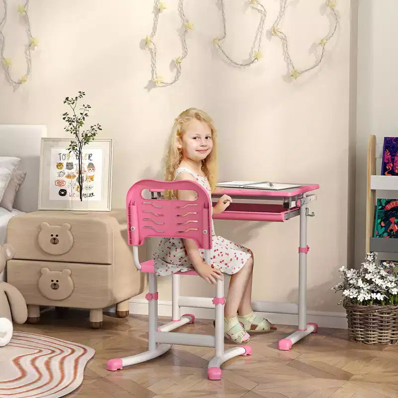 Ensemble bureau et chaise enfant réglables Etokfoks, ergonomique, plan de travail inclinable, tiroir de rangement, fentes pour stylos, crochet, pour les 6-12 ans, rose