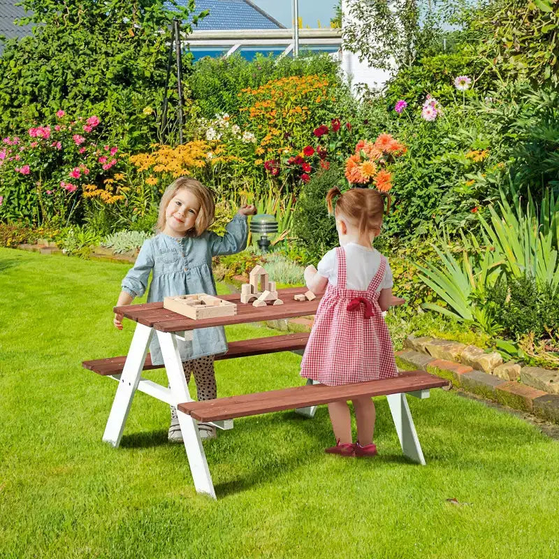 Etokfoks Ensemble table et bancs de pique-nique en bois pour enfants, pour jardin et extérieur, de 3 à 8 ans, 89 cm (L) x 79 cm (l) x 50 cm (H)