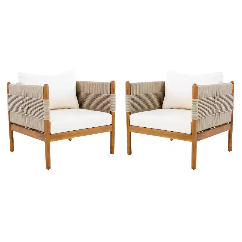 Christopher Knight Home Jiyeon Fauteuil de jardin moderne en bois d'acacia avec tressage en corde losange et coussins (Lot de 2)