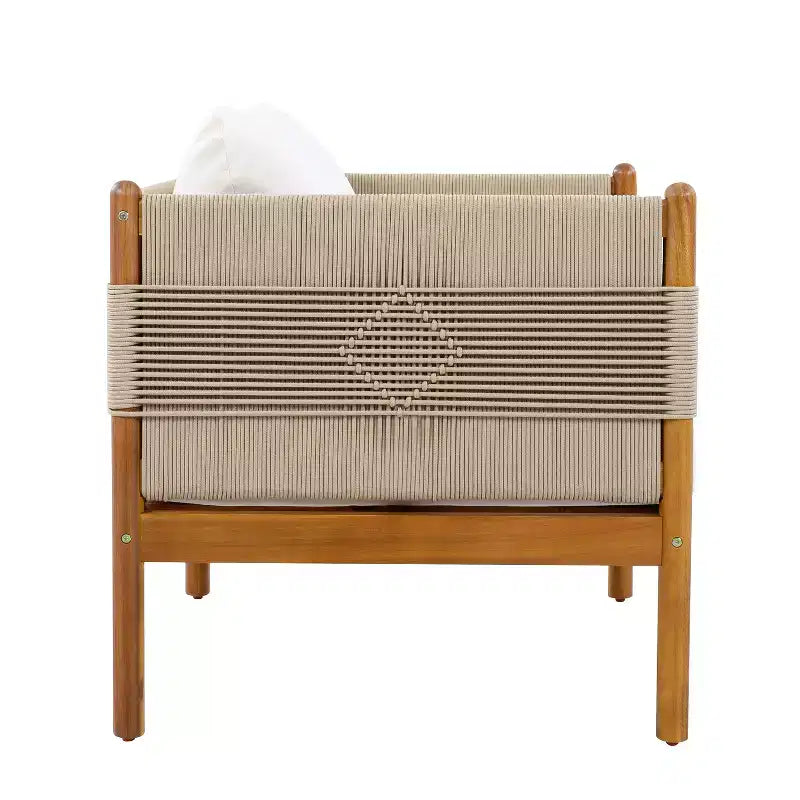 Christopher Knight Home Jiyeon Fauteuil de jardin moderne en bois d'acacia avec tressage en corde losange et coussins (Lot de 2)