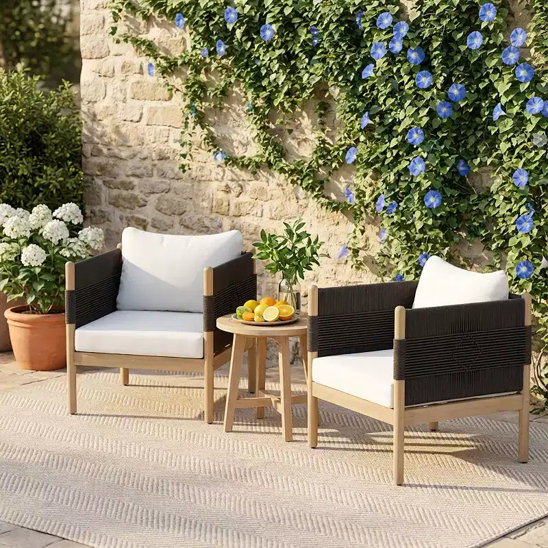Christopher Knight Home Jiyeon Fauteuil de jardin moderne en bois d'acacia avec tressage en corde losange et coussins (Lot de 2)
