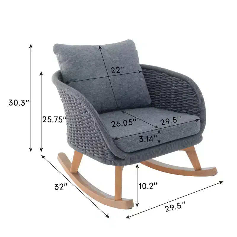 Fauteuil à bascule contemporain MAYEERTY en osier beige, coussin en polyester, cadre en bois pour terrasse, balcon ou salon