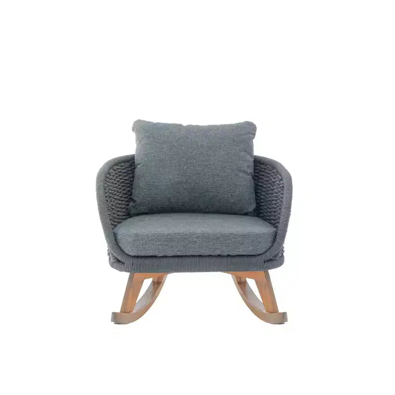 Fauteuil à bascule contemporain MAYEERTY en osier beige, coussin en polyester, cadre en bois pour terrasse, balcon ou salon