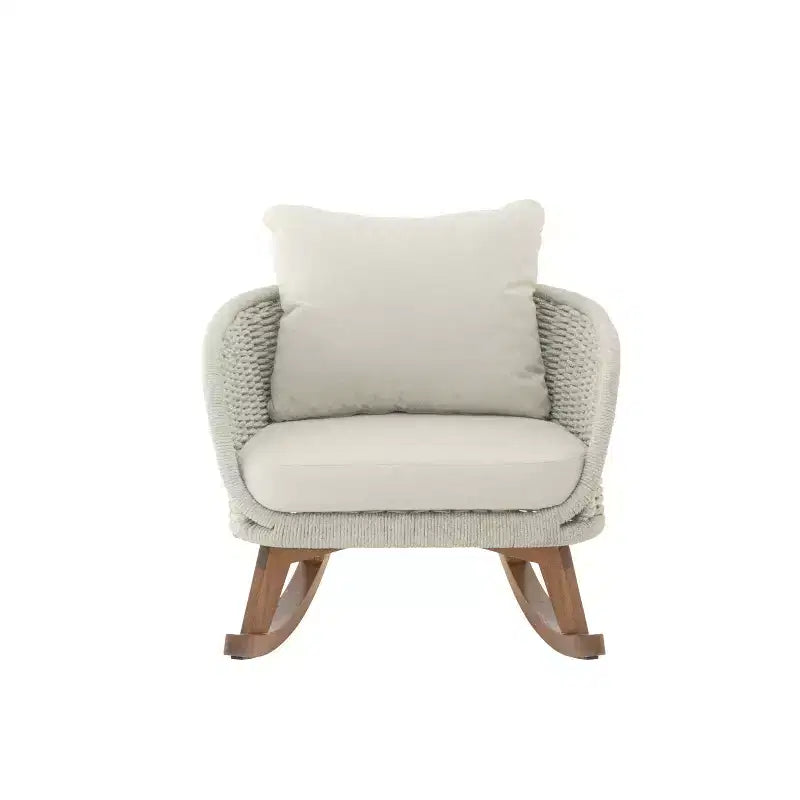 Fauteuil à bascule contemporain MAYEERTY en osier beige, coussin en polyester, cadre en bois pour terrasse, balcon ou salon