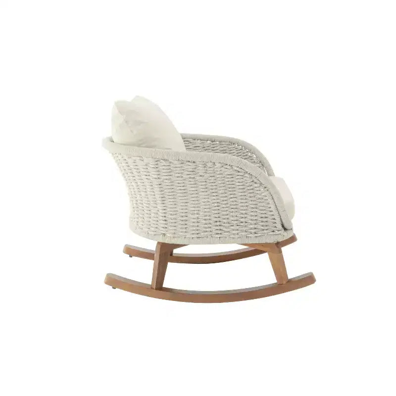 Fauteuil à bascule contemporain MAYEERTY en osier beige, coussin en polyester, cadre en bois pour terrasse, balcon ou salon