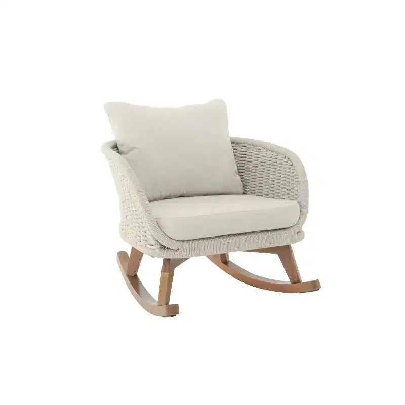 Fauteuil à bascule contemporain MAYEERTY en osier beige, coussin en polyester, cadre en bois pour terrasse, balcon ou salon