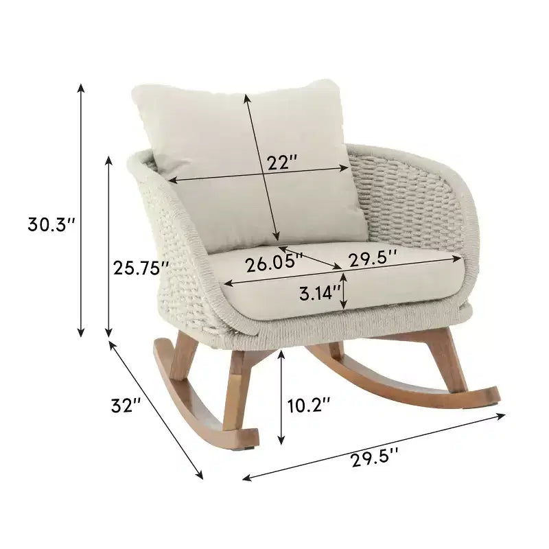 Fauteuil à bascule contemporain MAYEERTY en osier beige, coussin en polyester, cadre en bois pour terrasse, balcon ou salon