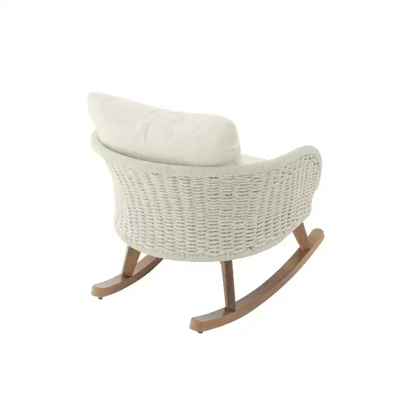 Fauteuil à bascule contemporain MAYEERTY en osier beige, coussin en polyester, cadre en bois pour terrasse, balcon ou salon