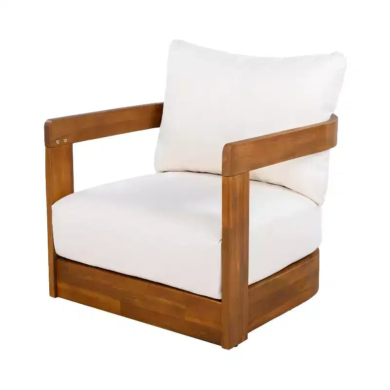 Fauteuil de club extérieur en bois d'acacia de qualité supérieure MAYEERTY, avec dossier incurvé et coussins résistants à l'eau, toutes saisons
