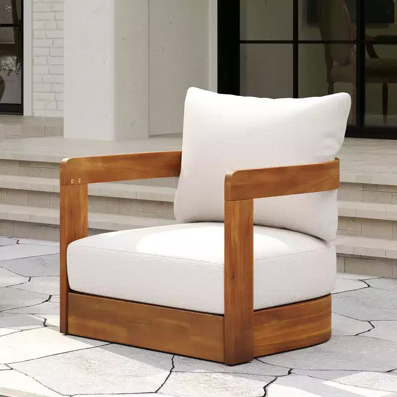 Fauteuil de club extérieur en bois d'acacia de qualité supérieure MAYEERTY, avec dossier incurvé et coussins résistants à l'eau, toutes saisons