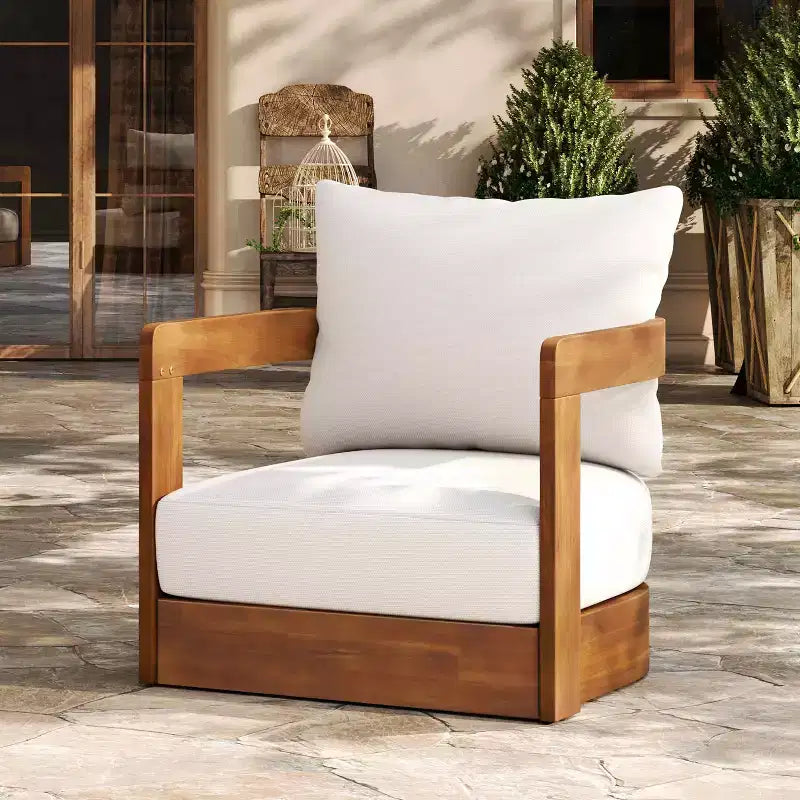 MAYEERTY Premium Acacia Wood Outdoor Club Chair, Curved Tub Design Water-Resistant Cushion All-Weather Chair