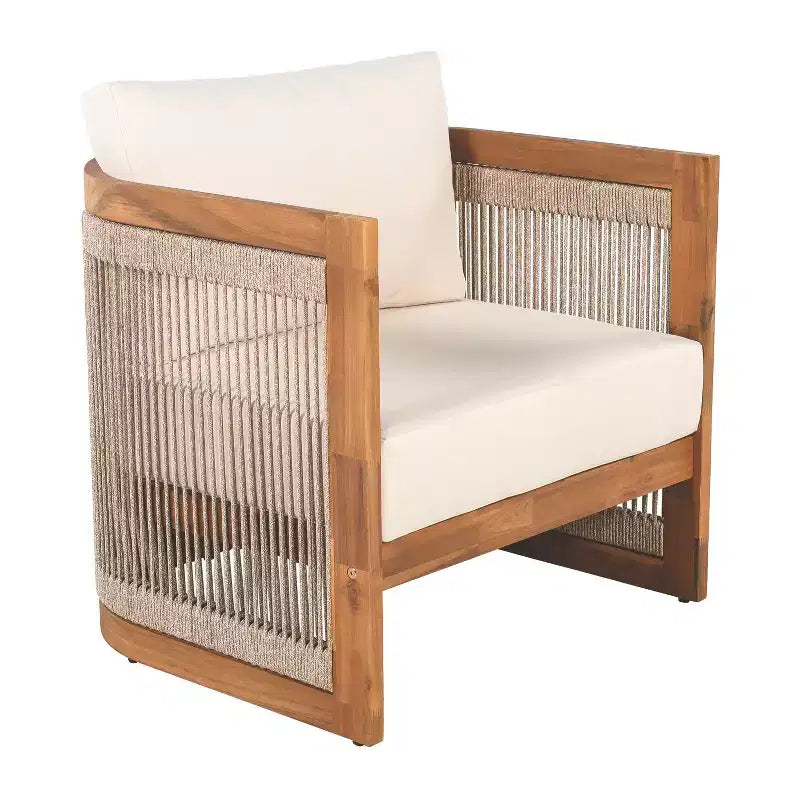 Chaise de club d'extérieur MAYEERTY Premium en bois d'acacia, fauteuil tout temps avec accent en corde tressée et coussin résistant à l'eau