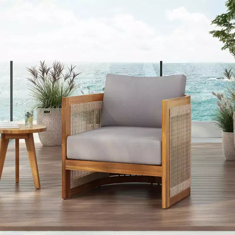 Chaise de club d'extérieur MAYEERTY Premium en bois d'acacia, fauteuil tout temps avec accent en corde tressée et coussin résistant à l'eau