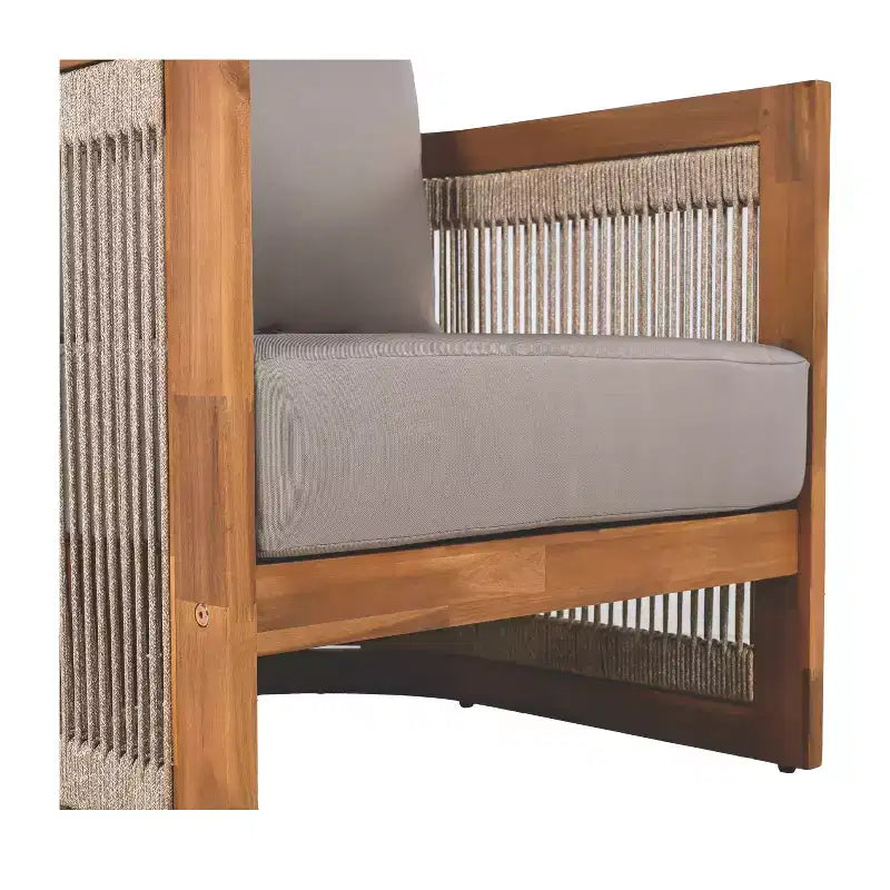 Chaise de club d'extérieur MAYEERTY Premium en bois d'acacia, fauteuil tout temps avec accent en corde tressée et coussin résistant à l'eau