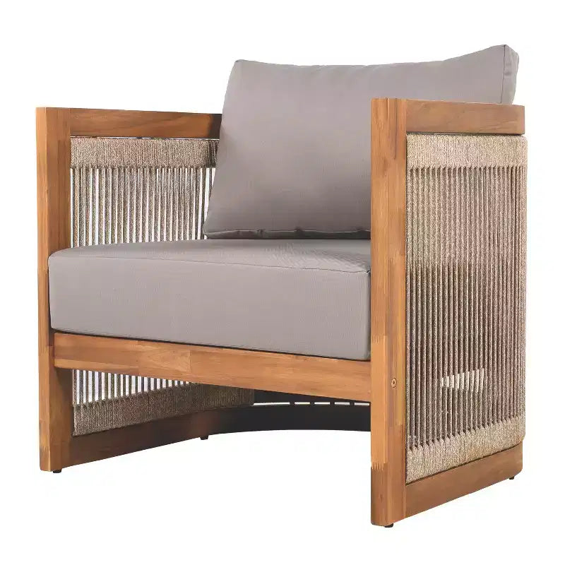 Chaise de club d'extérieur MAYEERTY Premium en bois d'acacia, fauteuil tout temps avec accent en corde tressée et coussin résistant à l'eau