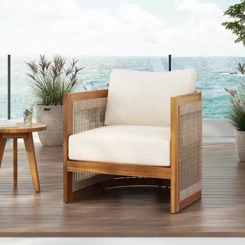 Chaise de club d'extérieur MAYEERTY Premium en bois d'acacia, fauteuil tout temps avec accent en corde tressée et coussin résistant à l'eau