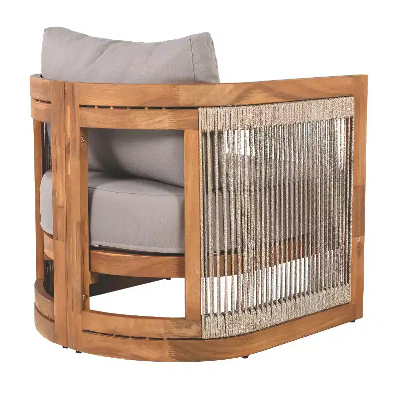 Chaise de club d'extérieur MAYEERTY Premium en bois d'acacia, fauteuil tout temps avec accent en corde tressée et coussin résistant à l'eau