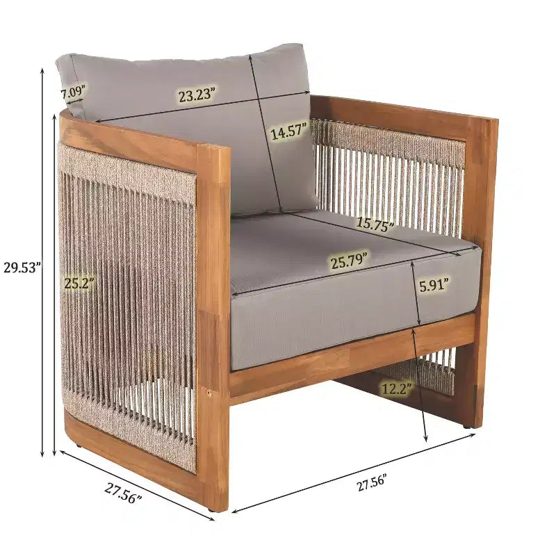 Chaise de club d'extérieur MAYEERTY Premium en bois d'acacia, fauteuil tout temps avec accent en corde tressée et coussin résistant à l'eau