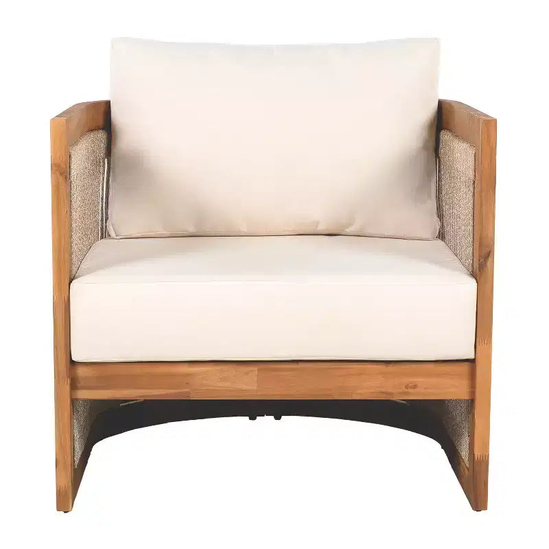 Chaise de club d'extérieur MAYEERTY Premium en bois d'acacia, fauteuil tout temps avec accent en corde tressée et coussin résistant à l'eau