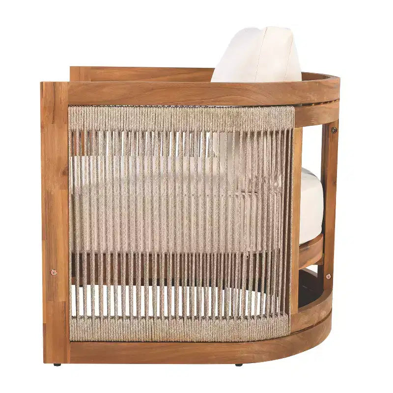 Chaise de club d'extérieur MAYEERTY Premium en bois d'acacia, fauteuil tout temps avec accent en corde tressée et coussin résistant à l'eau