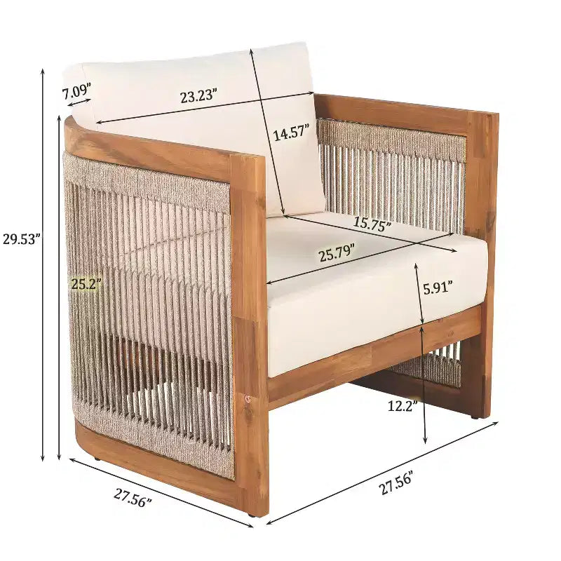 Chaise de club d'extérieur MAYEERTY Premium en bois d'acacia, fauteuil tout temps avec accent en corde tressée et coussin résistant à l'eau