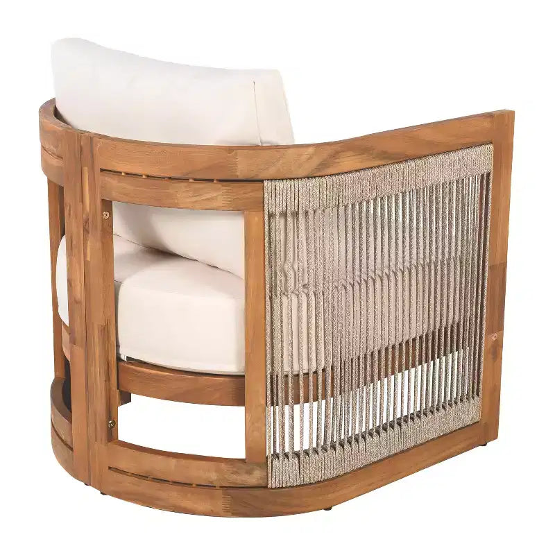 Chaise de club d'extérieur MAYEERTY Premium en bois d'acacia, fauteuil tout temps avec accent en corde tressée et coussin résistant à l'eau