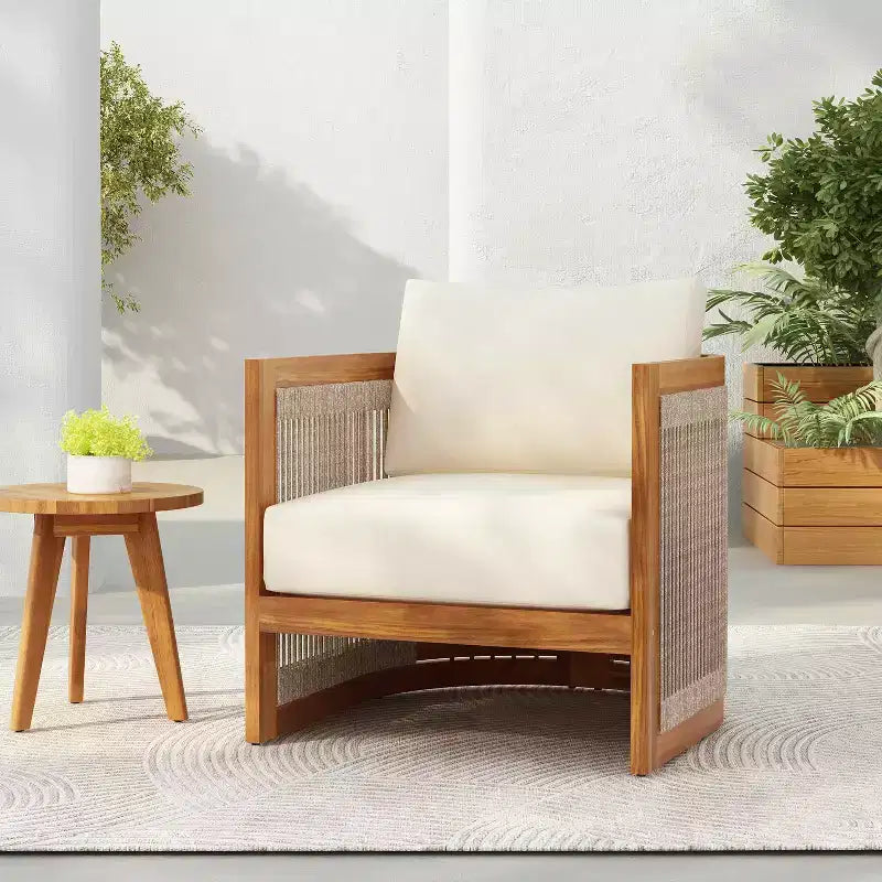 MAYEERTY Premium Acacia Wood Outdoor Club Chair, Curved Tub Rope Accent Water-Resistant Cushion All-Weather Chair