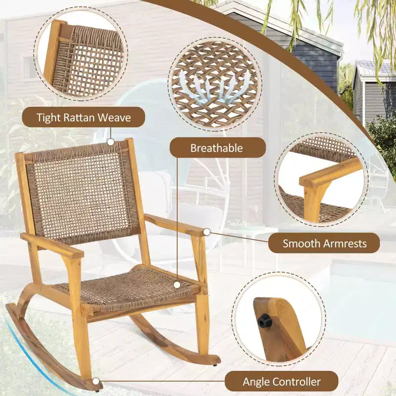 Fauteuil à bascule moderne GDFStudio Antonio en bois d'acacia avec dossier et assise en osier (lot de 2)