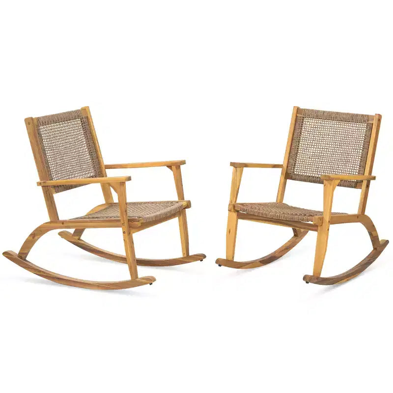 Fauteuil à bascule moderne GDFStudio Antonio en bois d'acacia avec dossier et assise en osier (lot de 2)