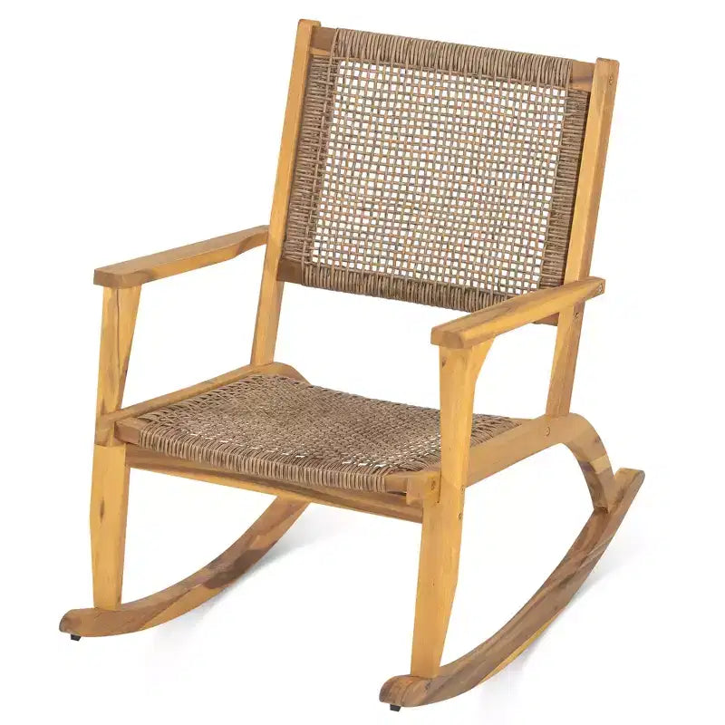 Fauteuil à bascule moderne GDFStudio Antonio en bois d'acacia avec dossier et assise en osier (lot de 2)