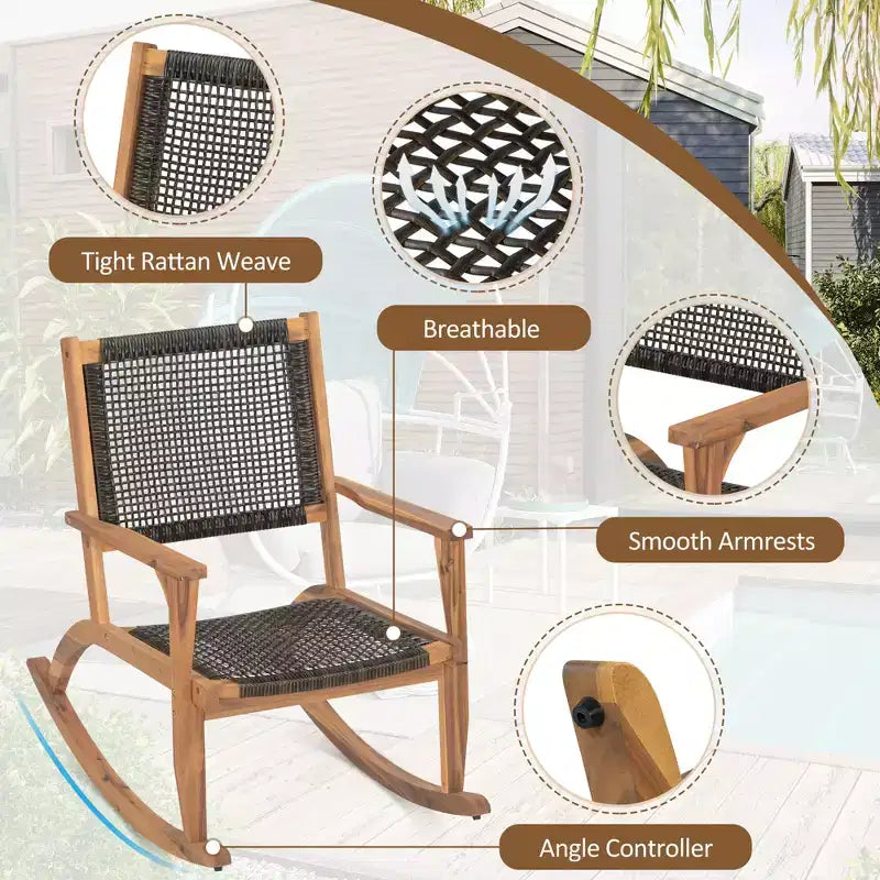 Fauteuil à bascule moderne GDFStudio Antonio en bois d'acacia avec dossier et assise en osier (lot de 2)